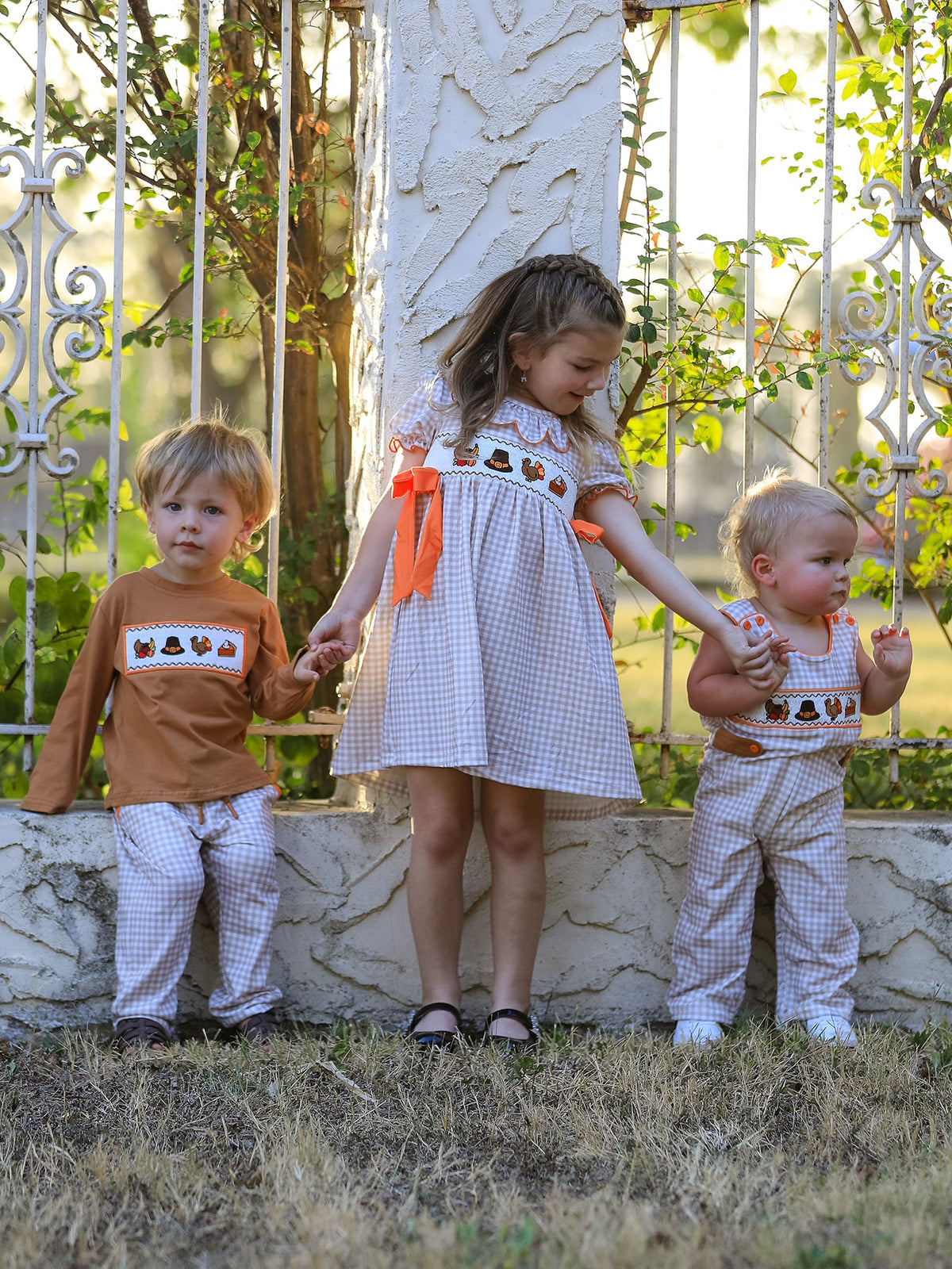 Rylee Faith Designs - Thanksgiving Boys Embroidered Shirt Gingham Pants Set Fall Outfit - alternate view 10