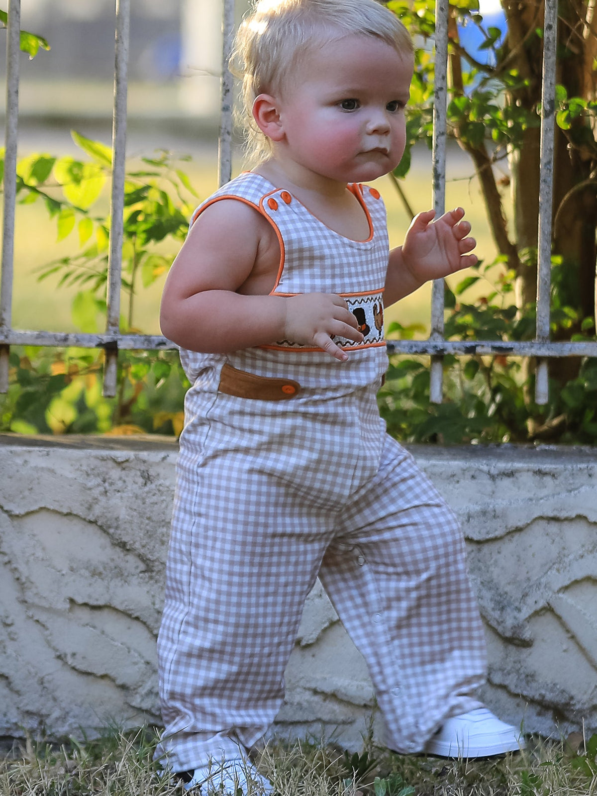 Rylee Faith Designs - Thanksgiving Boys Gingham Jon Jon Embroidered Romper - alternate view 2
