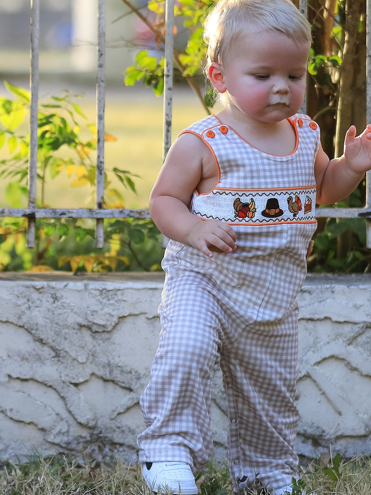 Rylee Faith Designs - Thanksgiving Boys Gingham Jon Jon Embroidered Romper