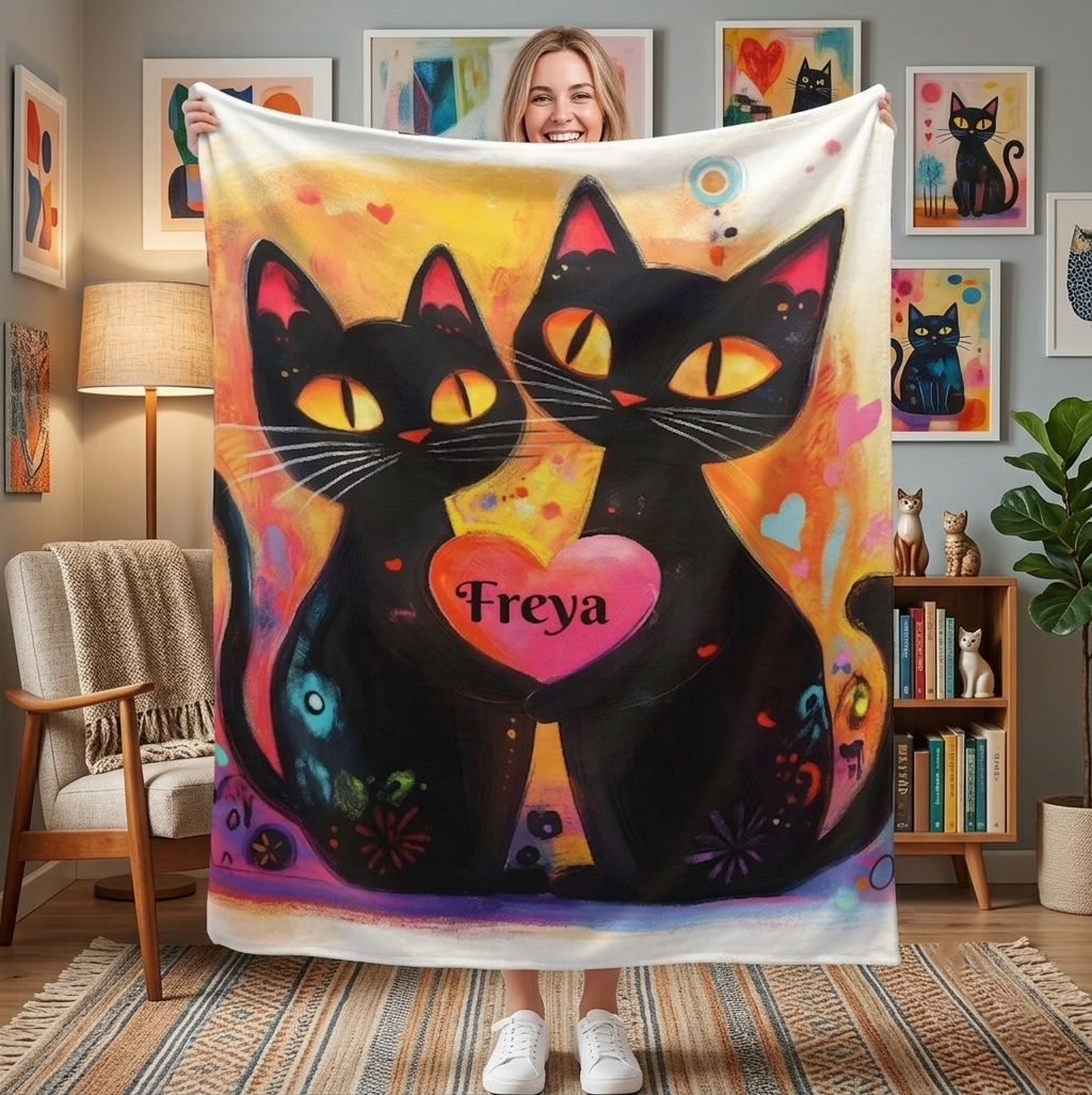 Personalized Black Cats Heart Blanket with Name | Pop Art Neon Design | Custom Cat Lover Gift