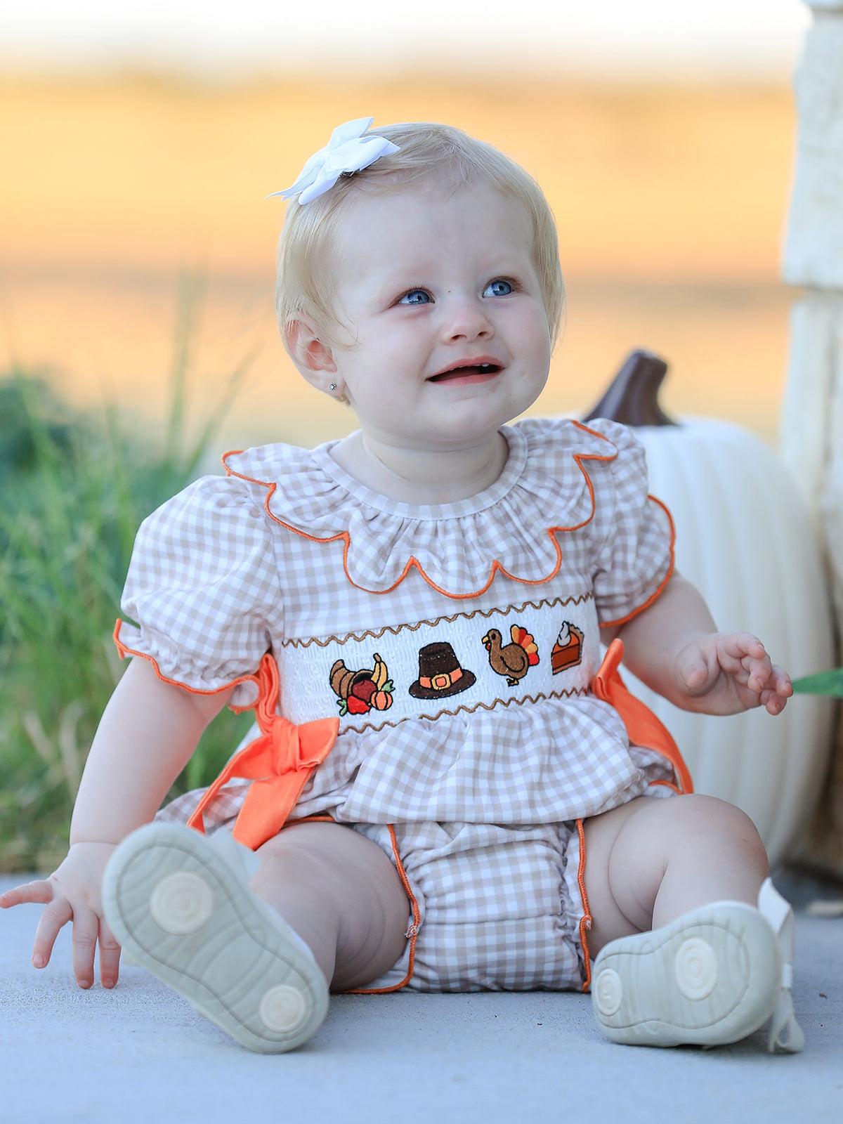 Rylee Faith Designs - Thanksgiving Smocked Girls Dress Bloomer Set Turkey Embroidery