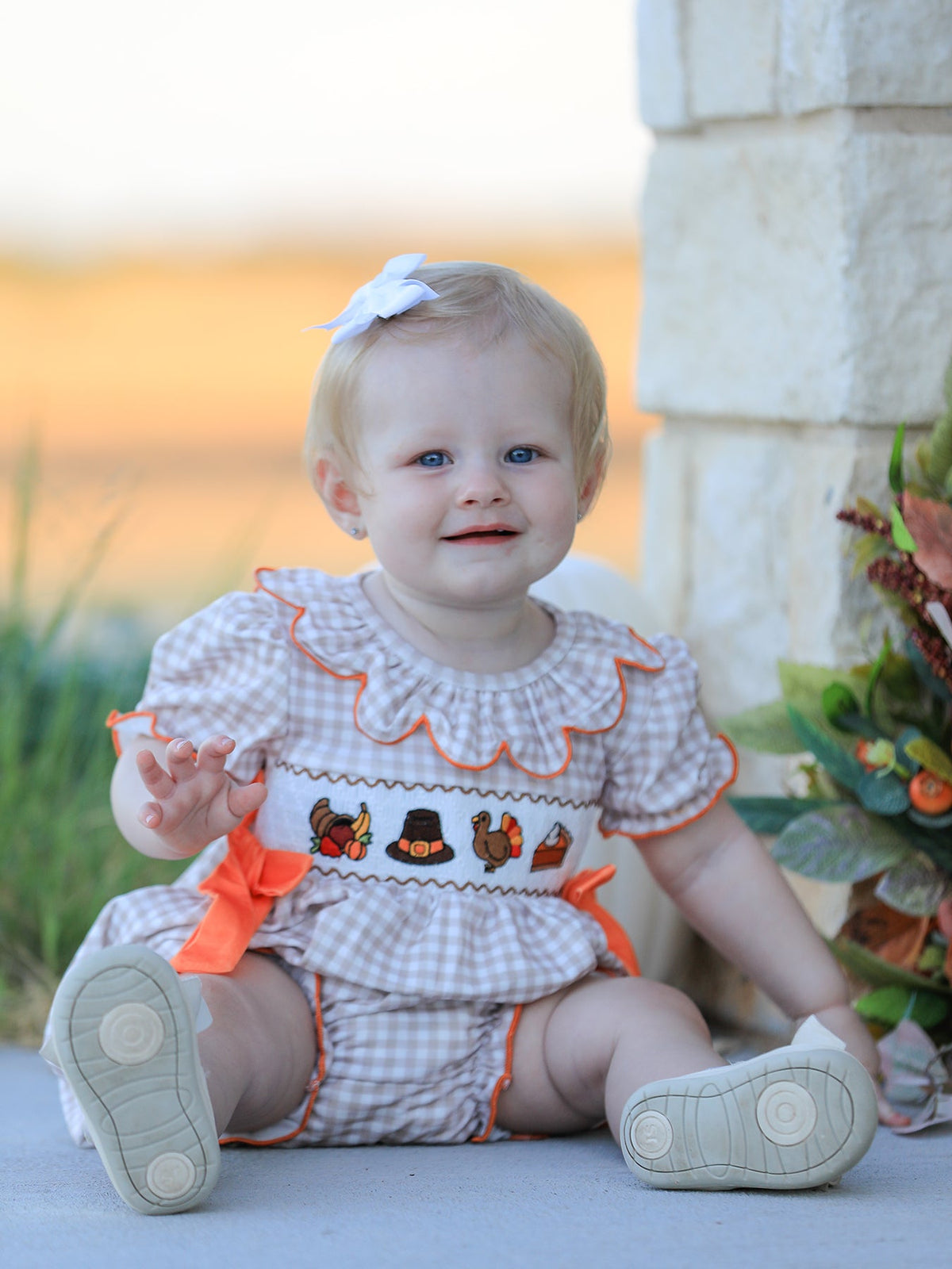 Rylee Faith Designs - Thanksgiving Smocked Girls Dress Bloomer Set Turkey Embroidery - alternate view 2