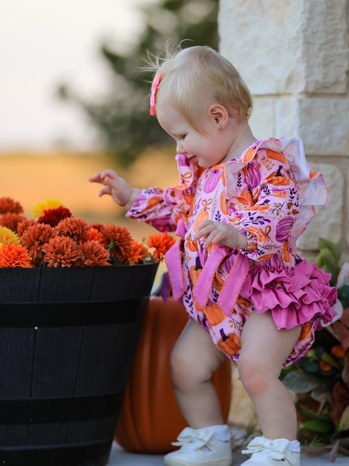 Rylee Faith Designs - Halloween Thanksgiving Pumpkin Girls Romper with Ruffle Bow - alternate view 2