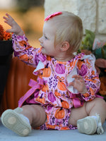 Rylee Faith Designs - Halloween Thanksgiving Pumpkin Girls Romper with Ruffle Bow