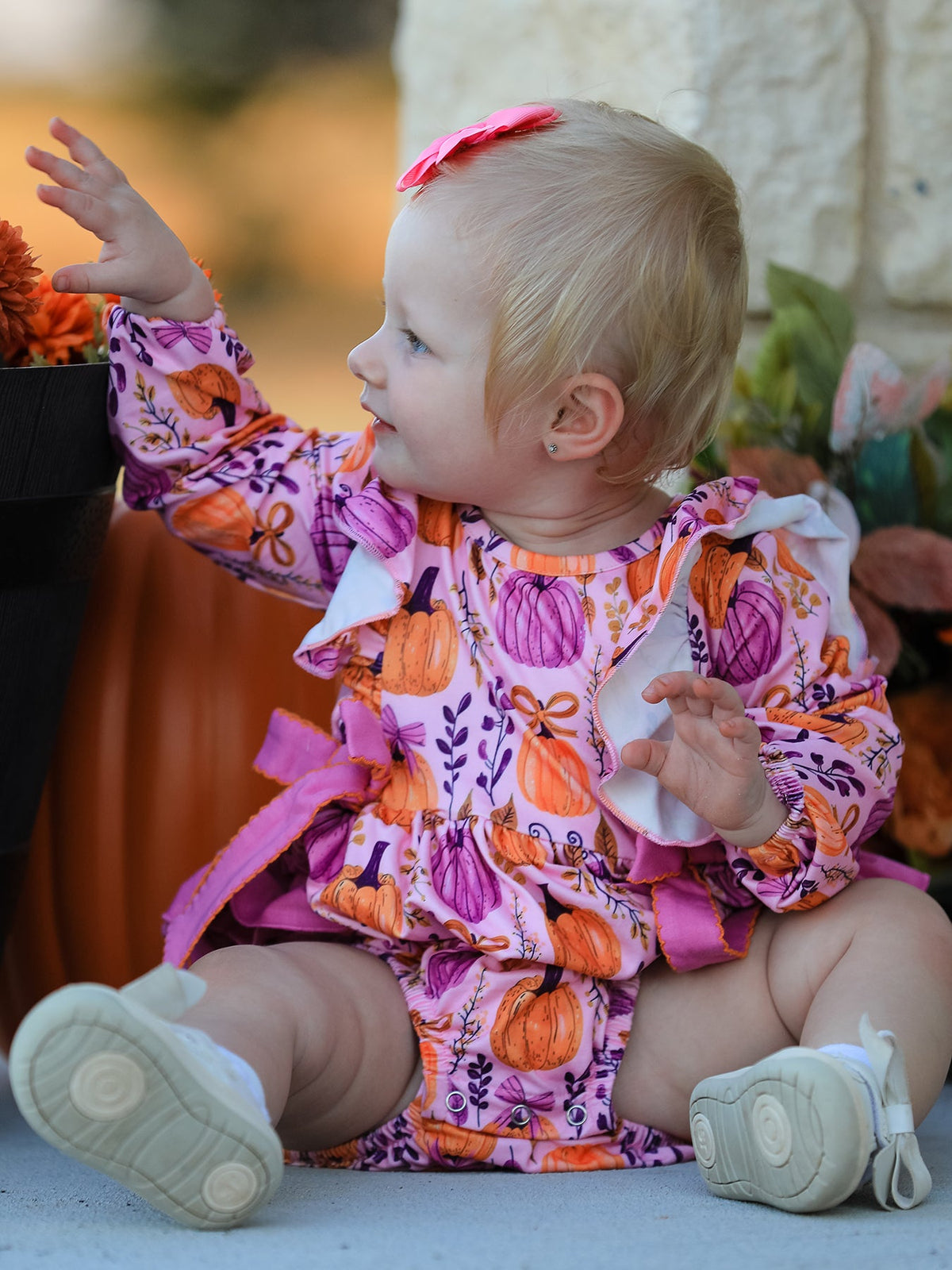 Rylee Faith Designs - Halloween Thanksgiving Pumpkin Girls Romper with Ruffle Bow