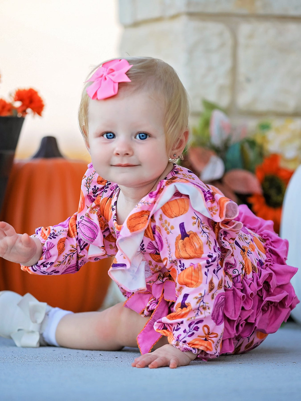 Rylee Faith Designs - Halloween Thanksgiving Pumpkin Girls Romper with Ruffle Bow - alternate view 4