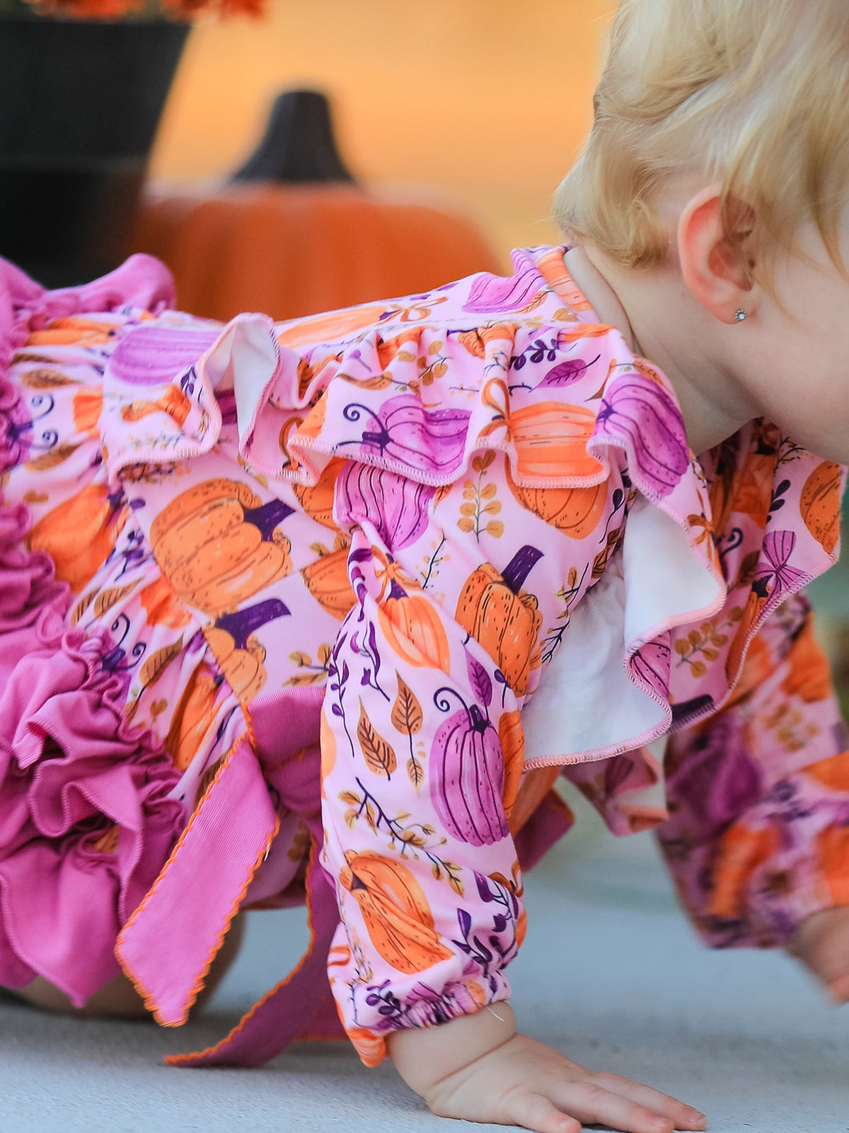 Rylee Faith Designs - Halloween Thanksgiving Pumpkin Girls Romper with Ruffle Bow - alternate view 5