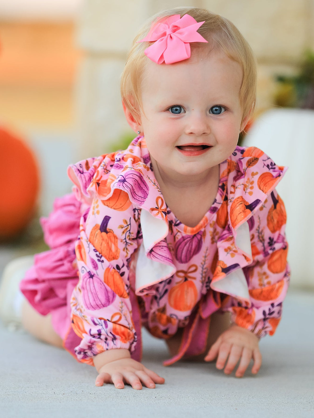 Rylee Faith Designs - Halloween Thanksgiving Pumpkin Girls Romper with Ruffle Bow - alternate view 3