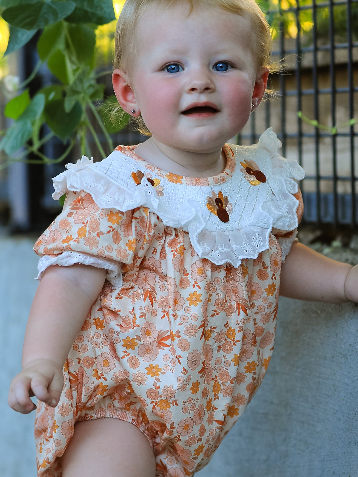 Rylee Faith Designs - Thanksgiving Turkey Floral Lace Bubble Girls Romper