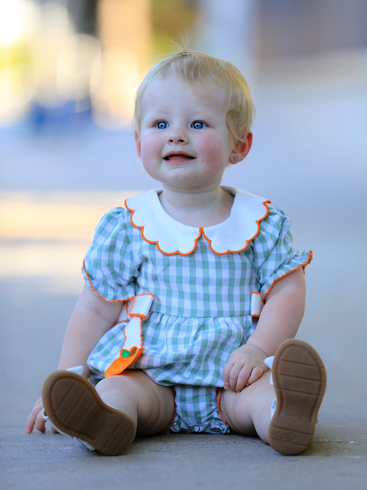Rylee Faith Designs - Fall Plaid Baby Girl Romper Pumpkin Bow Peter Pan Collar