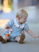 Rylee Faith Designs - Fall Plaid Baby Girl Romper Pumpkin Bow Peter Pan Collar - alternate view 3