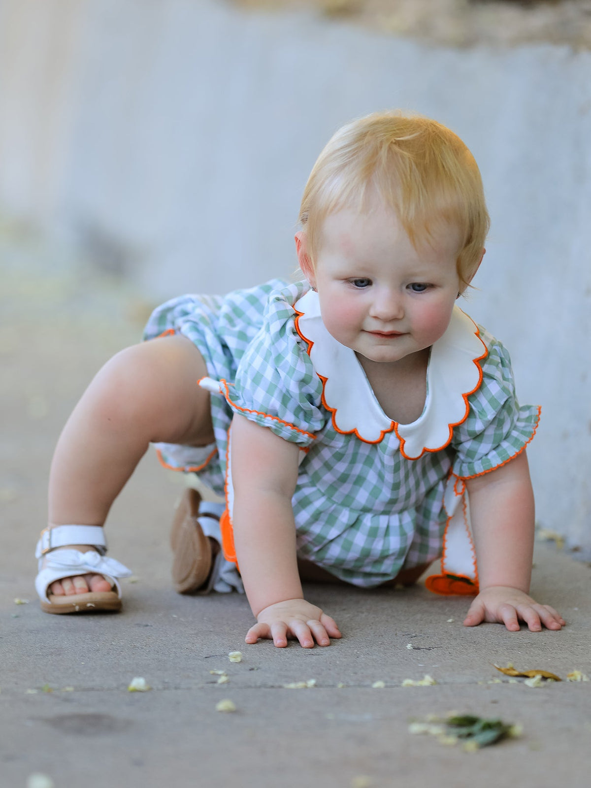 Rylee Faith Designs - Fall Plaid Baby Girl Romper Pumpkin Bow Peter Pan Collar - alternate view 2