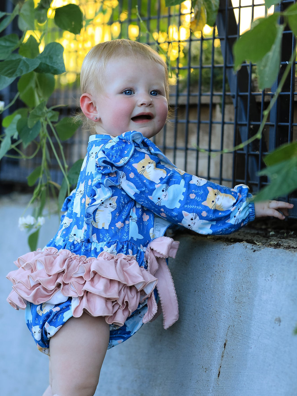 Rylee Faith Designs - Fall Cat Print Girls Long Sleeve Romper - alternate view 3