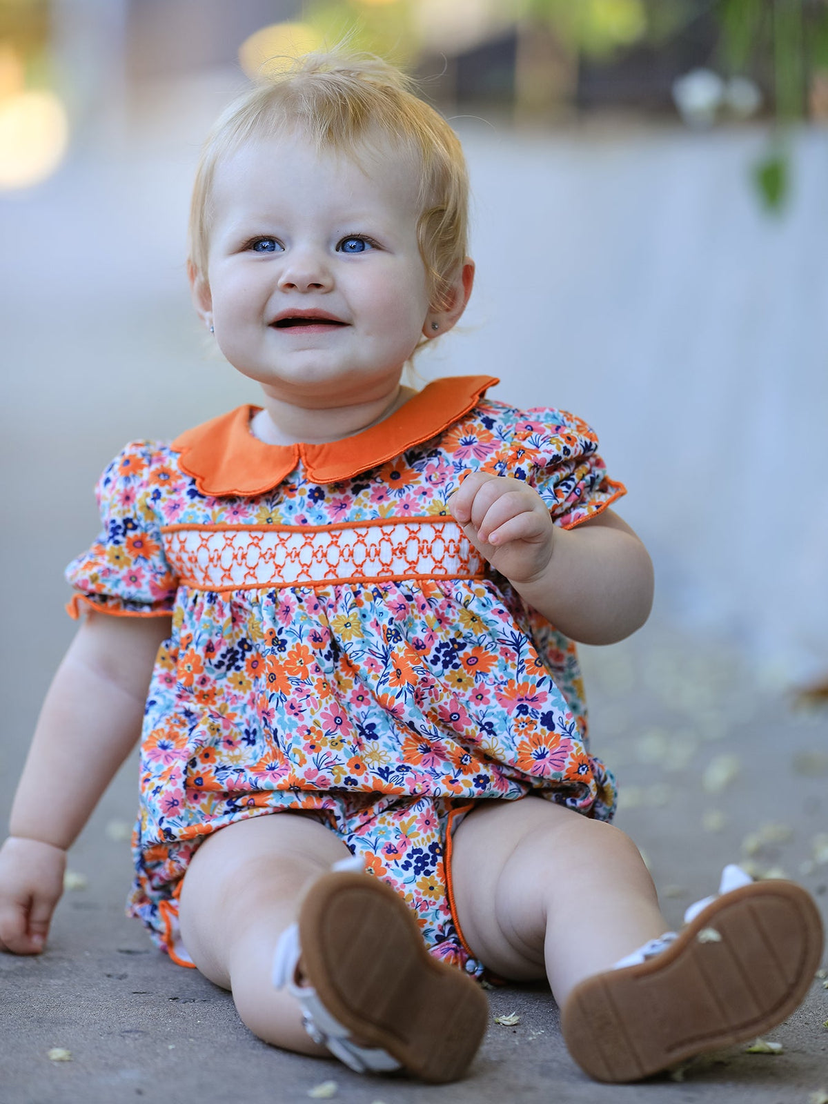 Rylee Faith Designs - Fall Floral Smocked Petals Collar Girls Bubble Romper