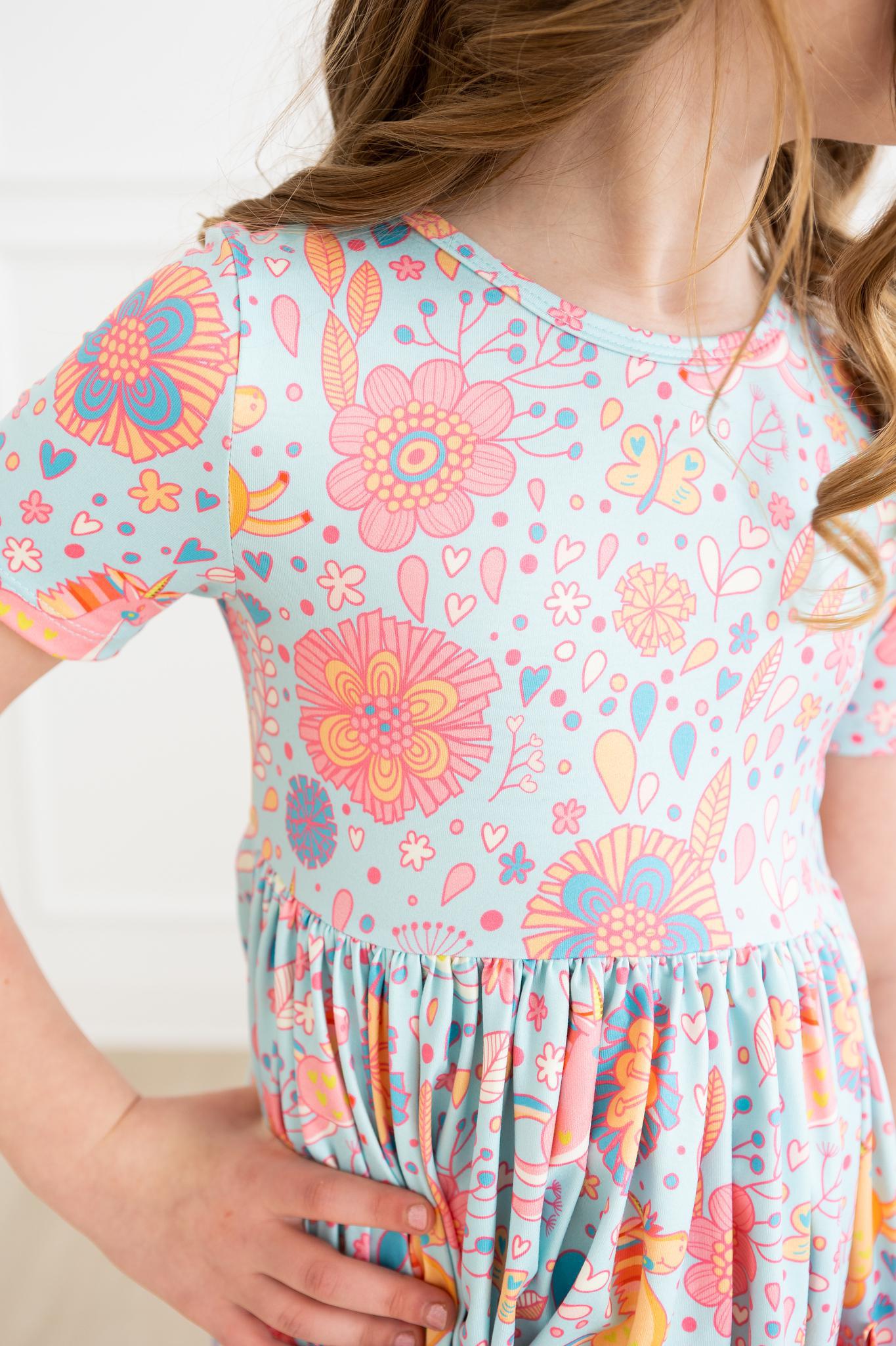 Blue Retro Unicorns S/S Pocket Twirl Dress - Image 2