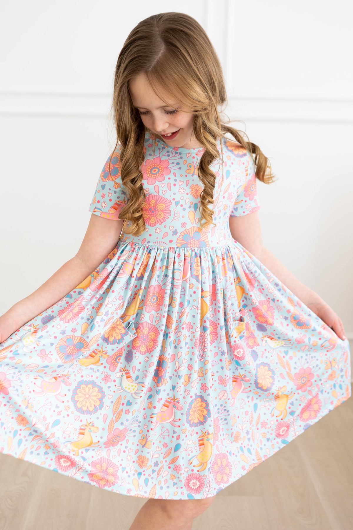 Blue Retro Unicorns S/S Pocket Twirl Dress - Image 4