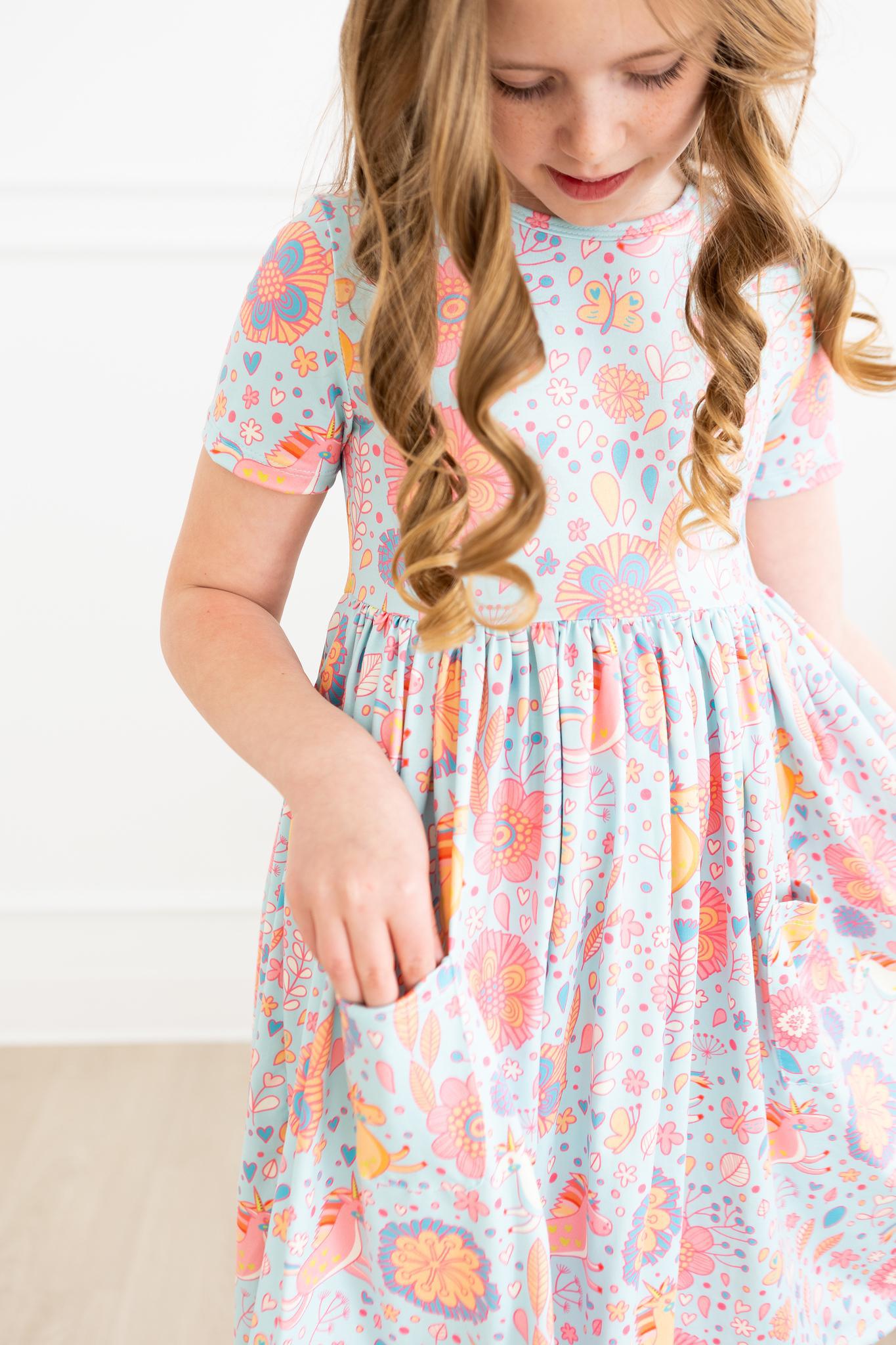Blue Retro Unicorns S/S Pocket Twirl Dress - Image 5