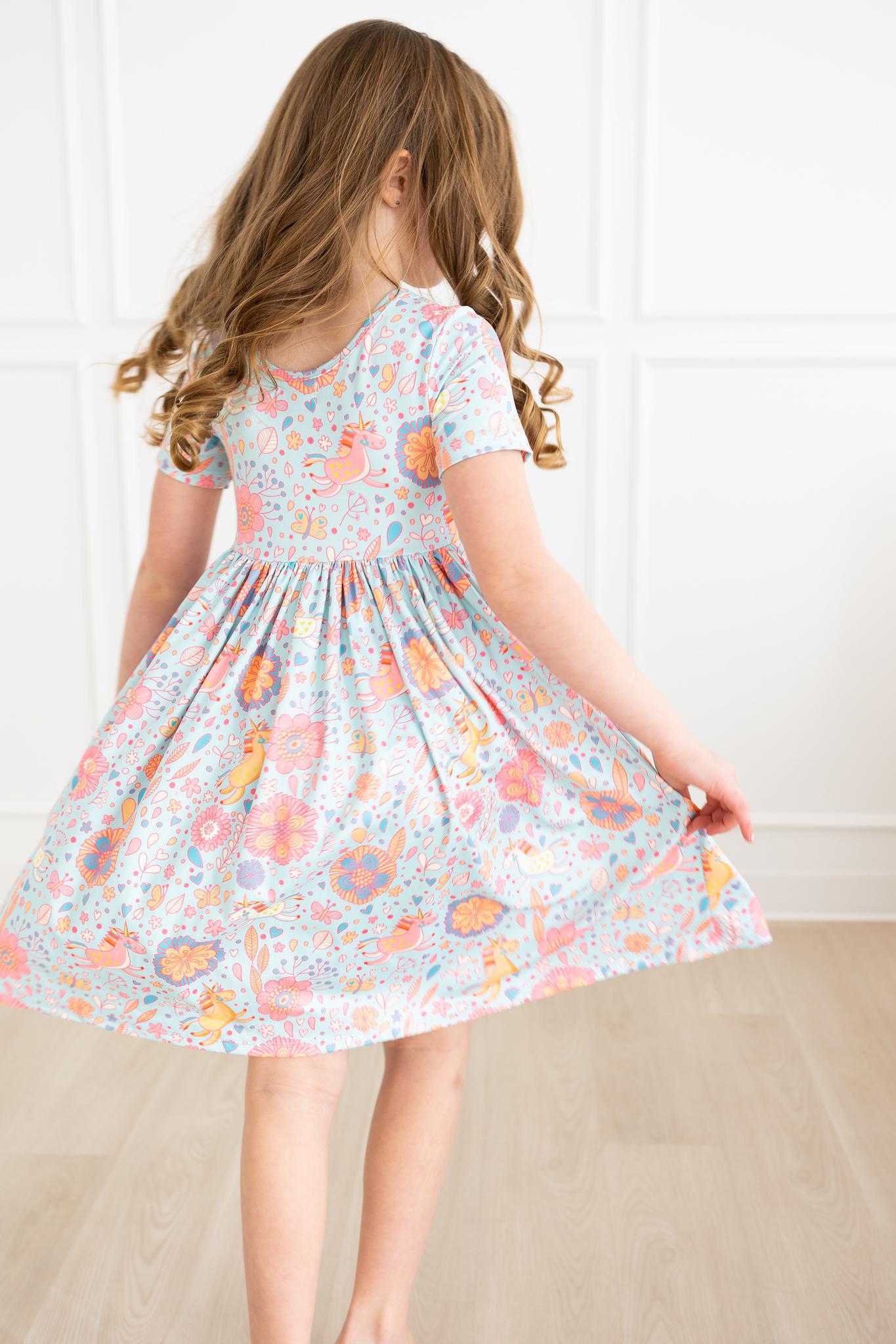 Blue Retro Unicorns S/S Pocket Twirl Dress - Image 6
