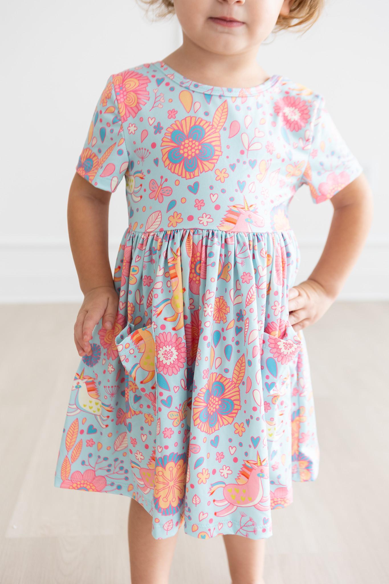 Blue Retro Unicorns S/S Pocket Twirl Dress - Image 9