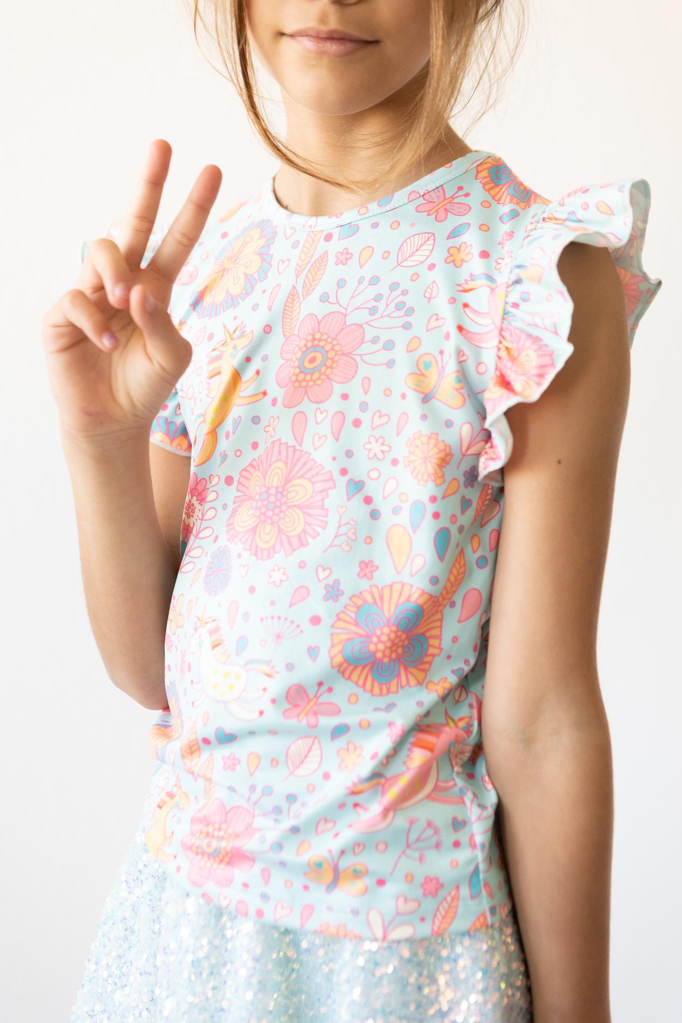 Blue Retro Unicorns S/S Ruffle Tee - Image 5