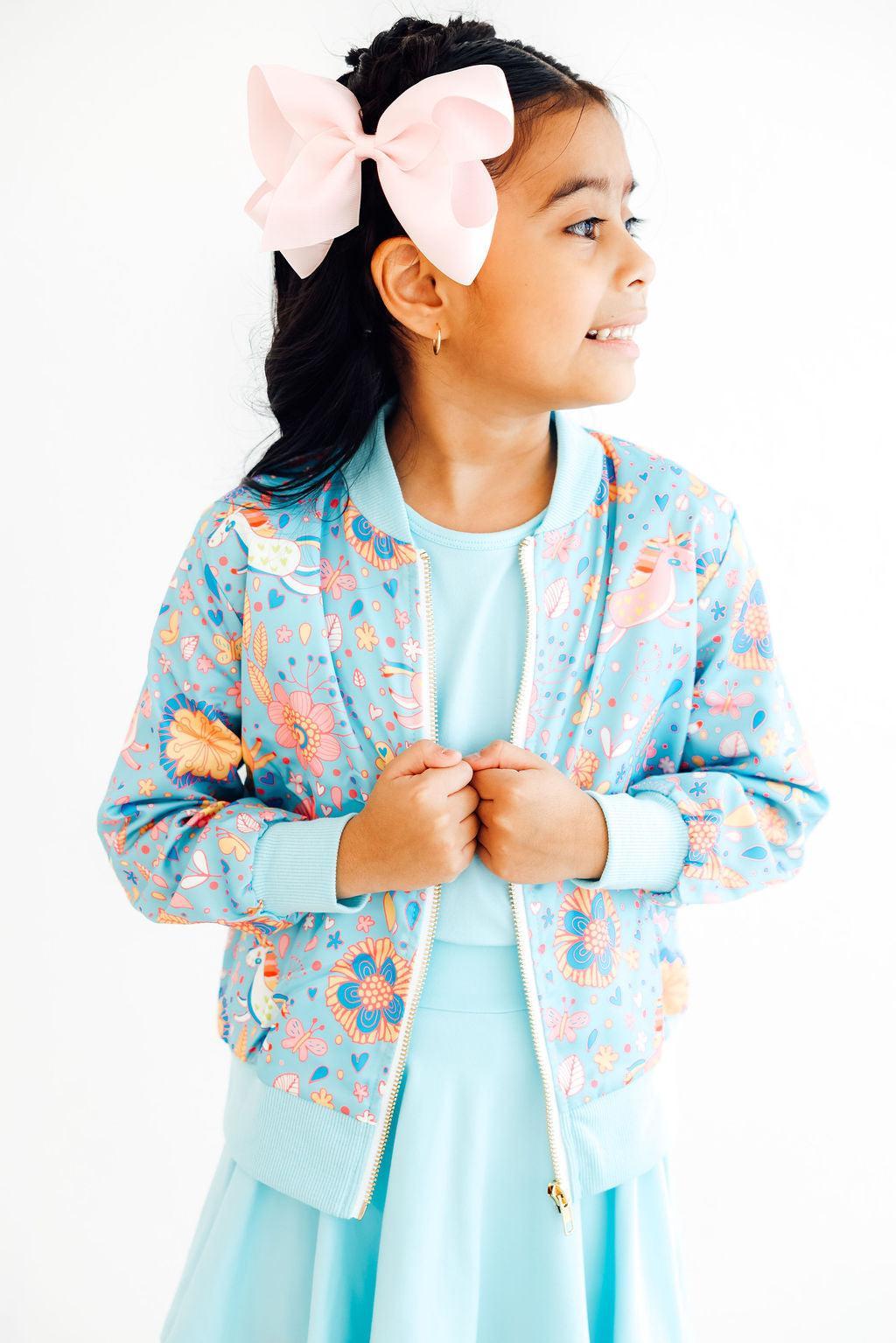 Blue Retro Unicorns Satin Jacket - Image 2