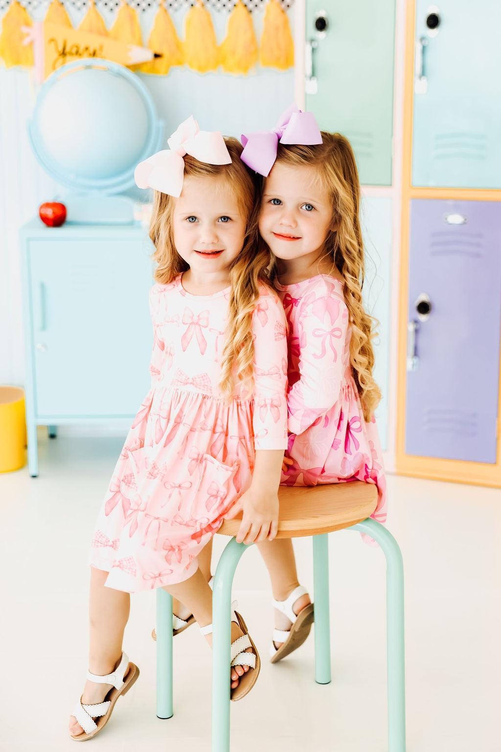 Blushing Bows 3/4 Sleeve Pocket Twirl Dress - Image 3