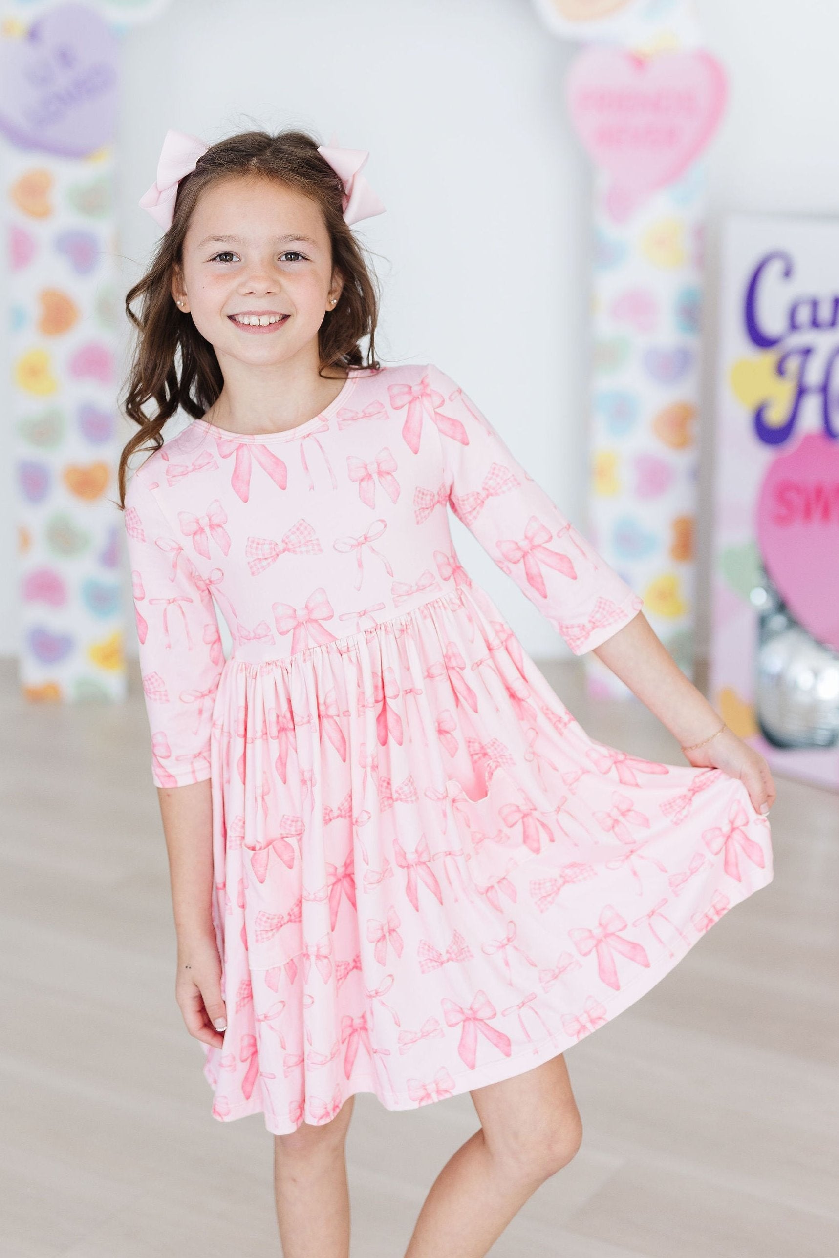Blushing Bows 3/4 Sleeve Pocket Twirl Dress - Image 8