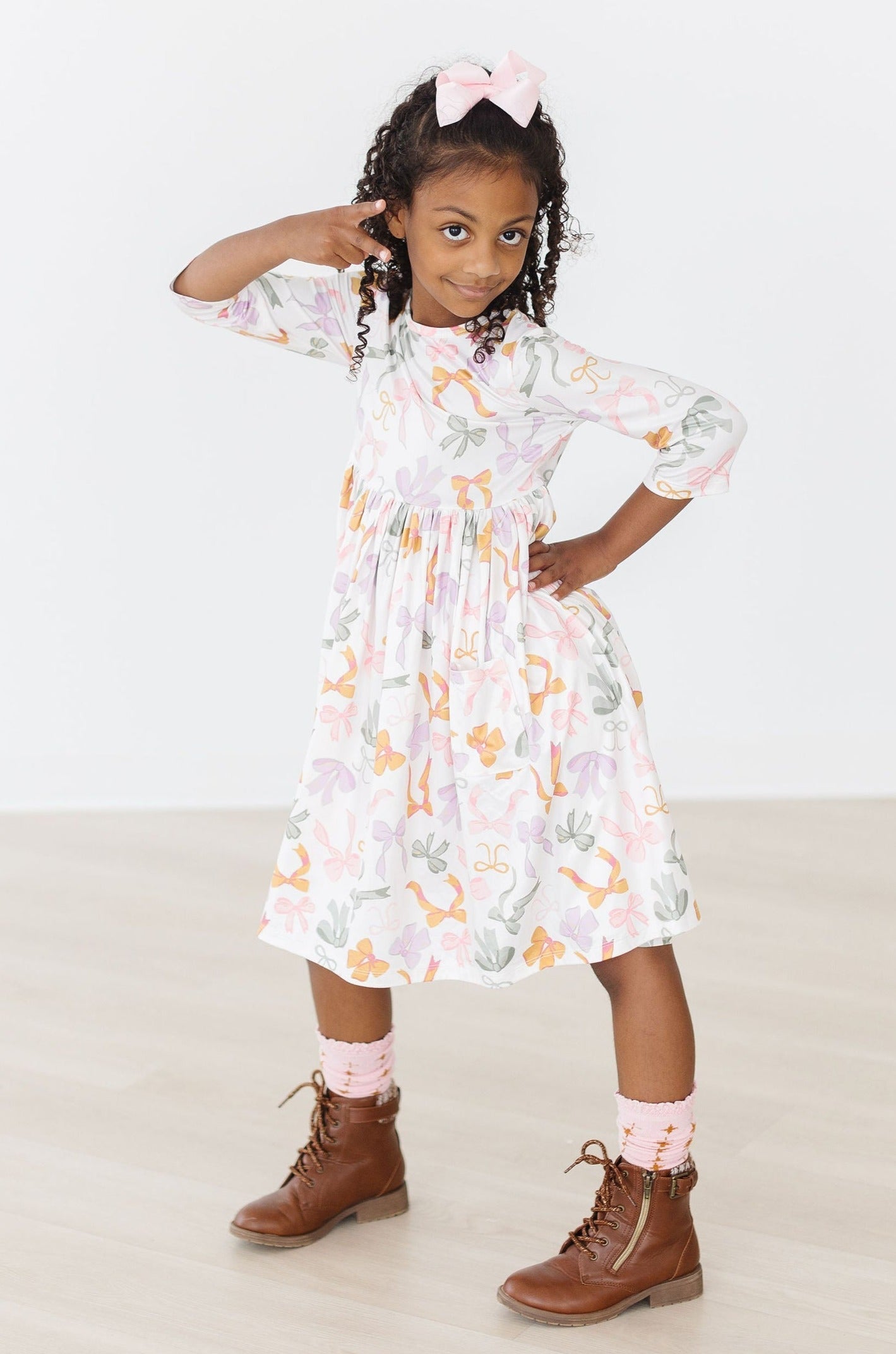 Boho Bows 3/4 Sleeve Pocket Twirl Dress - Image 6