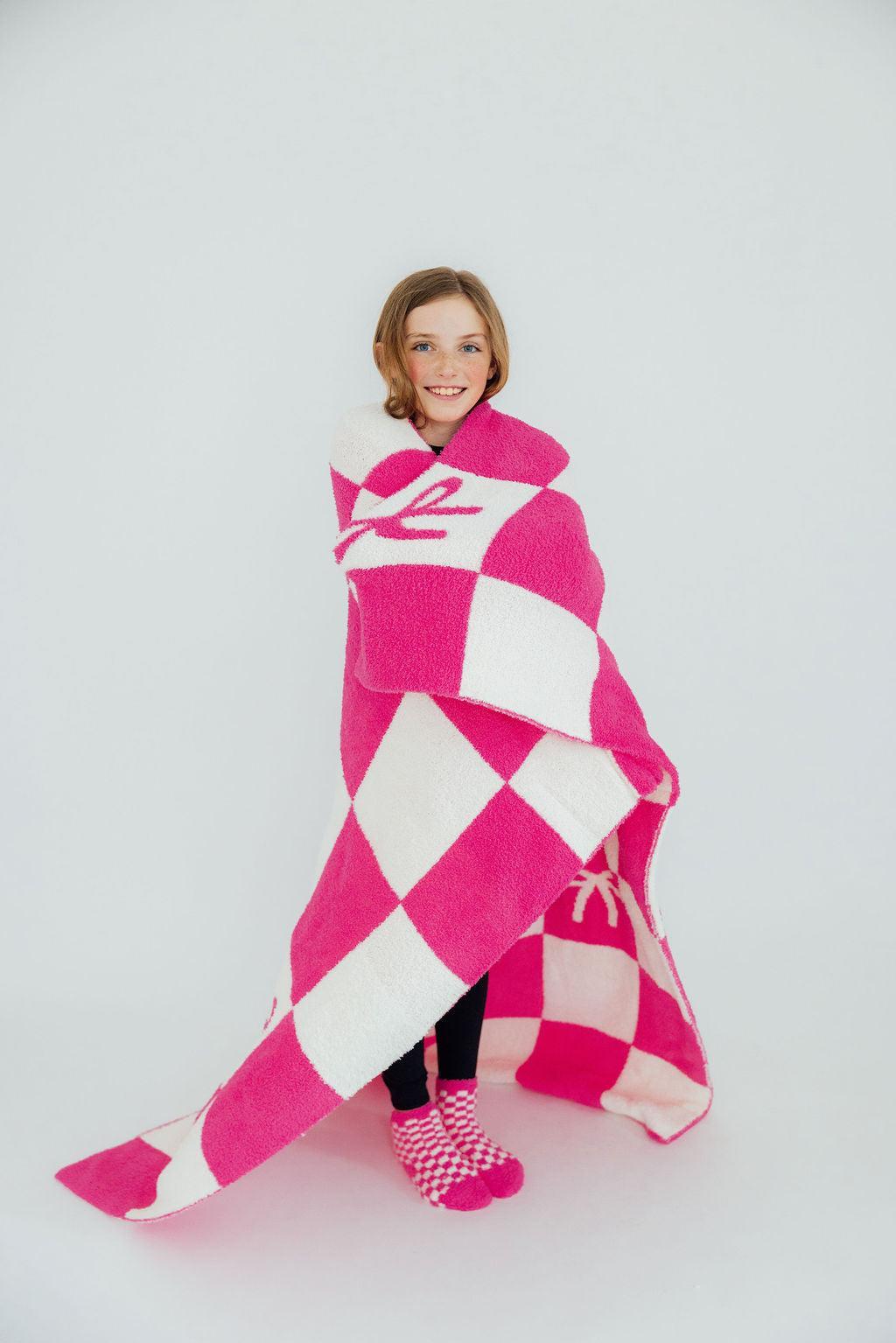 Bright Pink Checker Bow Cozy Blanket - Image 2