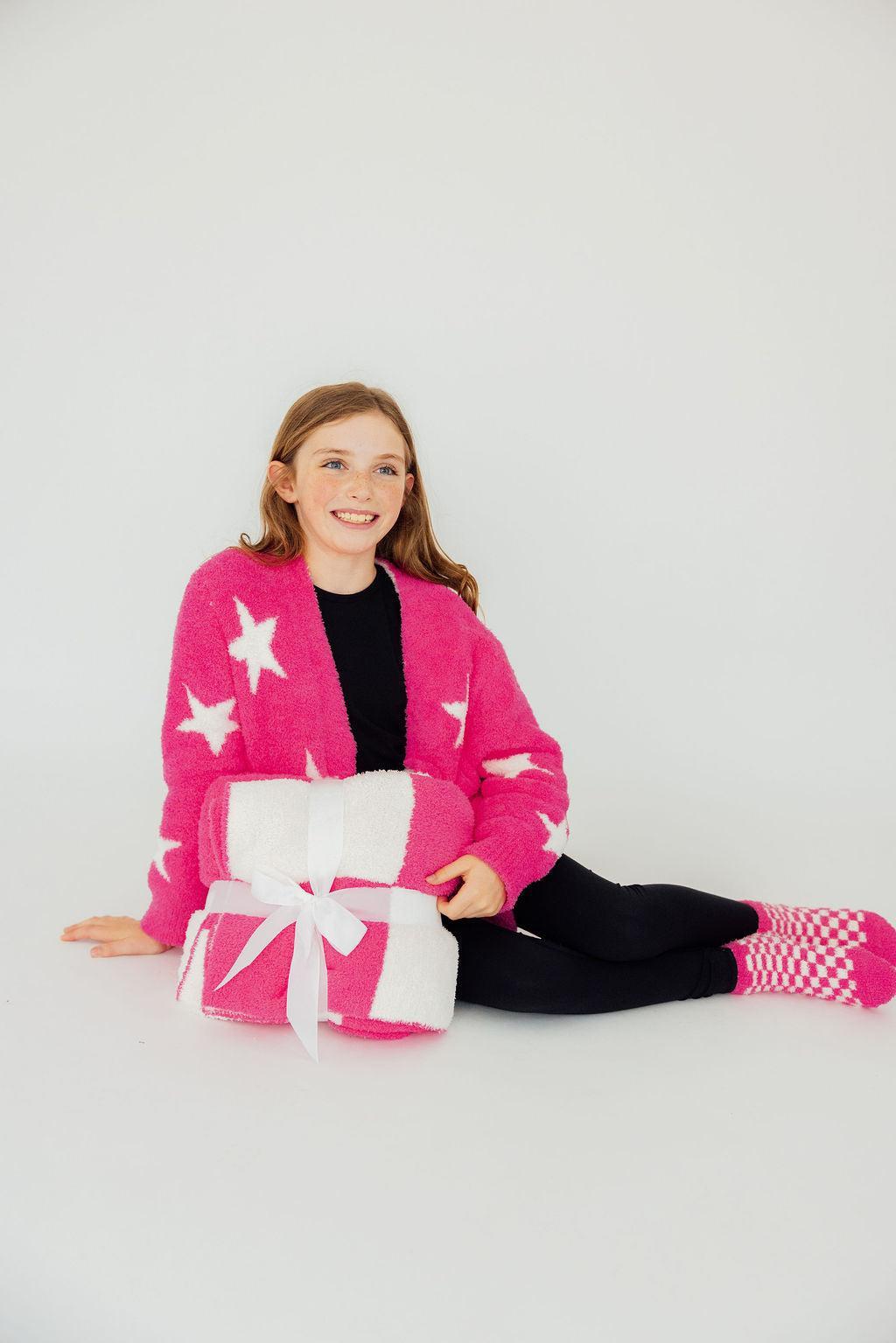 Bright Pink Checker Bow Cozy Blanket - Image 3
