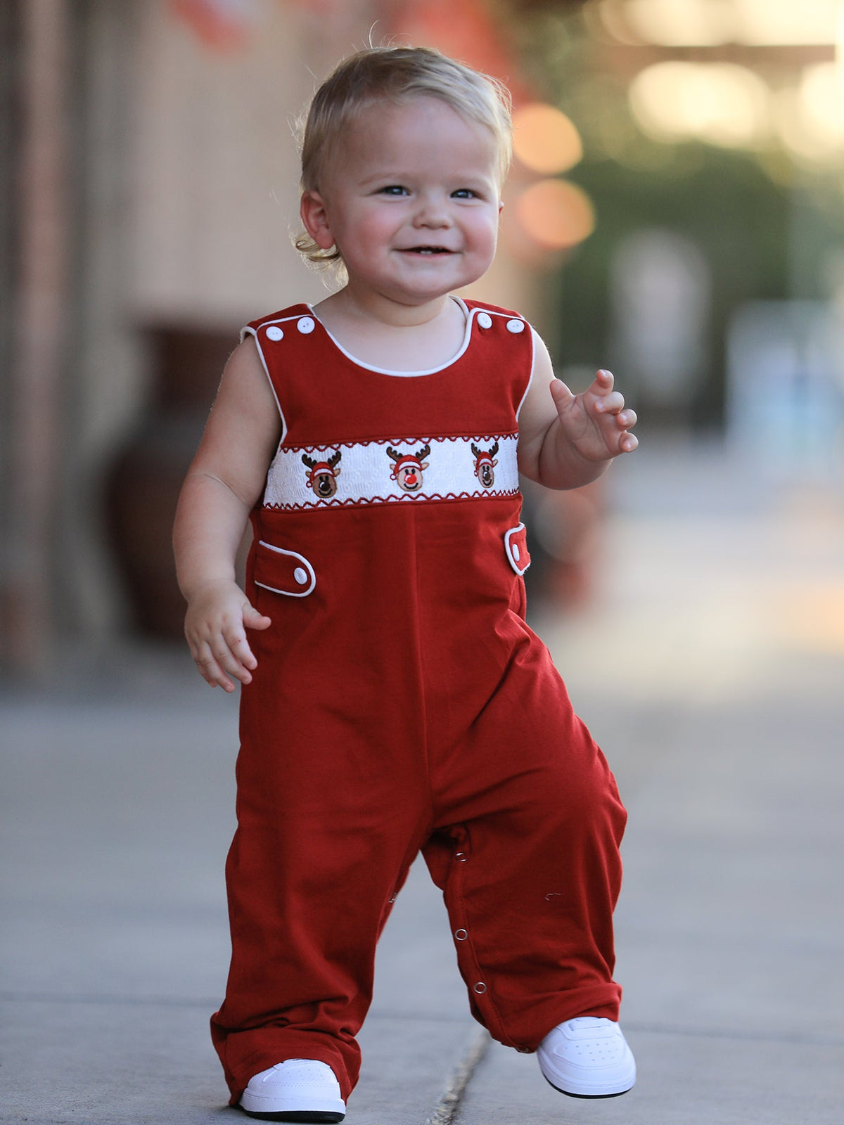 Rylee Faith Designs - Baby Boys Christmas Reindeer Smocked Red Jonjon - alternate view 2