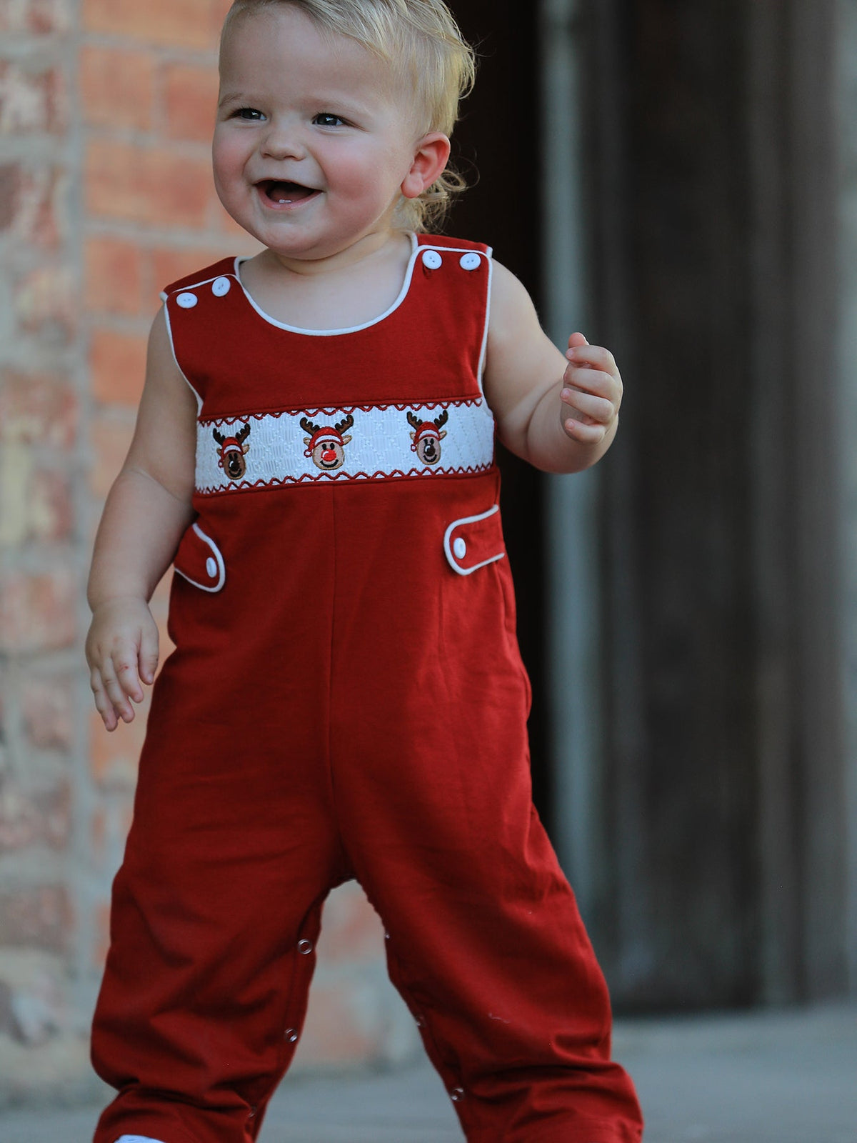 Rylee Faith Designs - Baby Boys Christmas Reindeer Smocked Red Jonjon