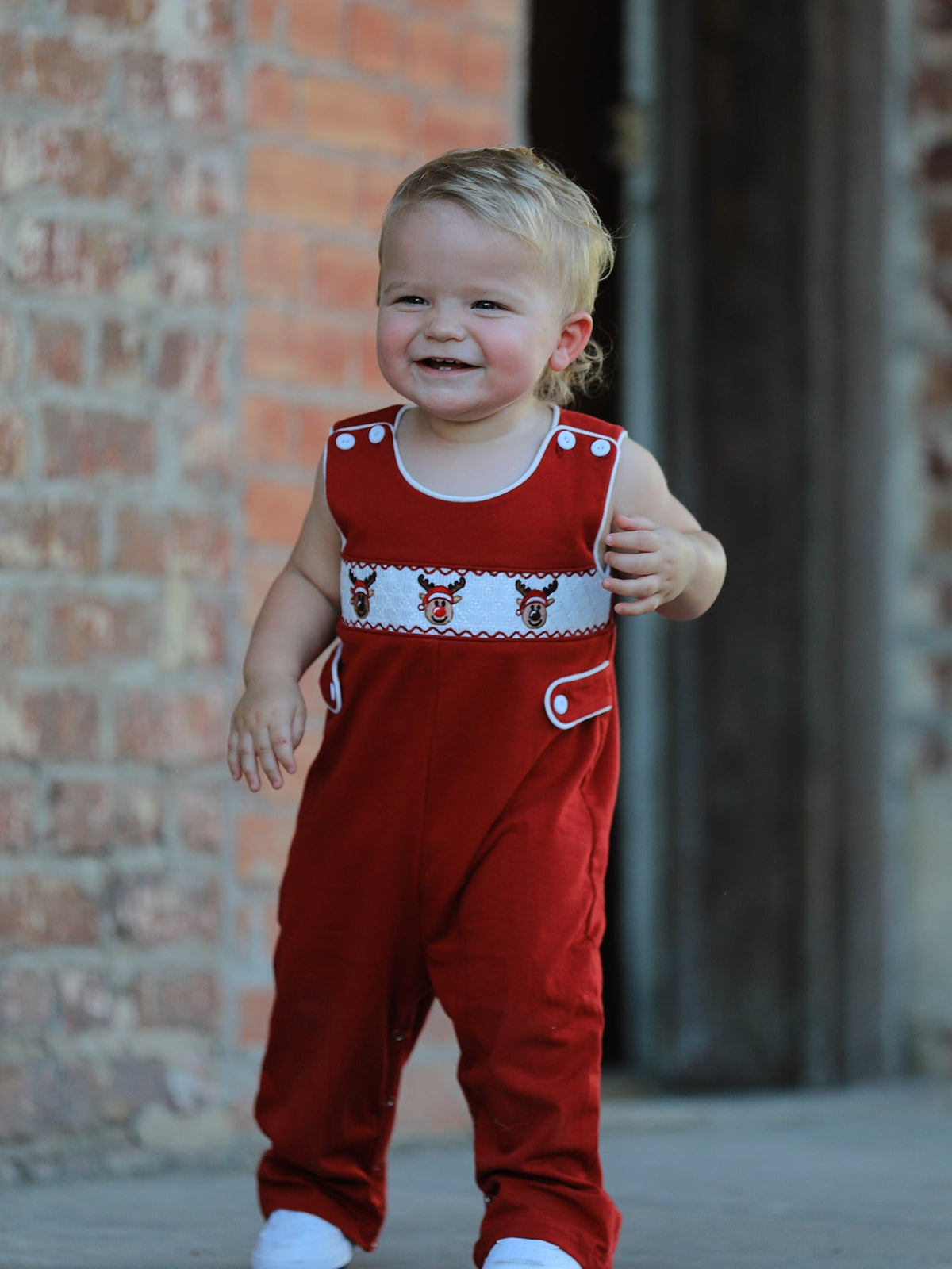 Rylee Faith Designs - Baby Boys Christmas Reindeer Smocked Red Jonjon - alternate view 5