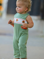 Rylee Faith Designs - Fall Thanksgiving Chicken Smock Embroidered Green Boys Romper