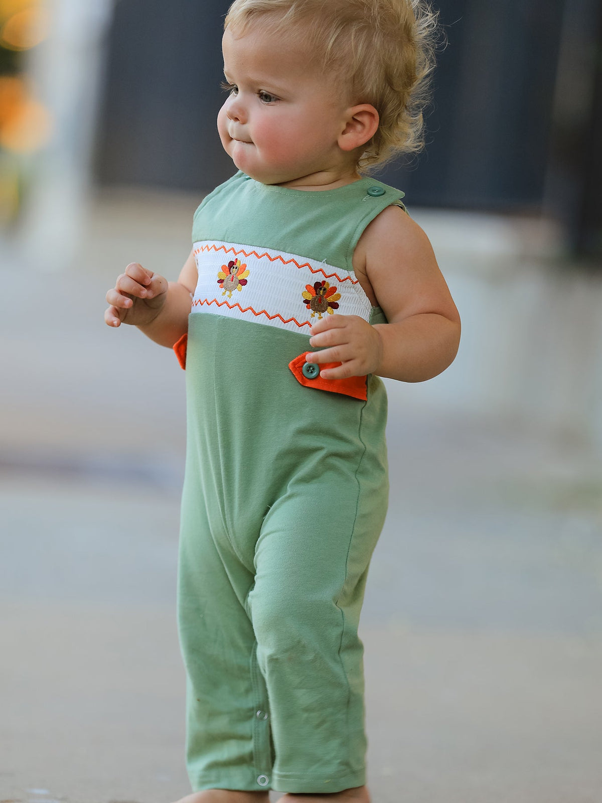 Rylee Faith Designs - Fall Thanksgiving Chicken Smock Embroidered Green Boys Romper