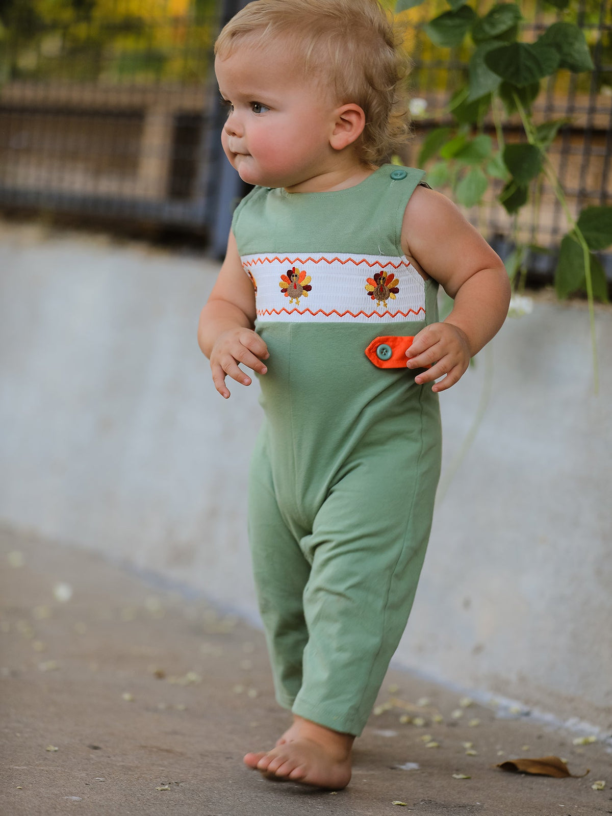 Rylee Faith Designs - Fall Thanksgiving Chicken Smock Embroidered Green Boys Romper - alternate view 2