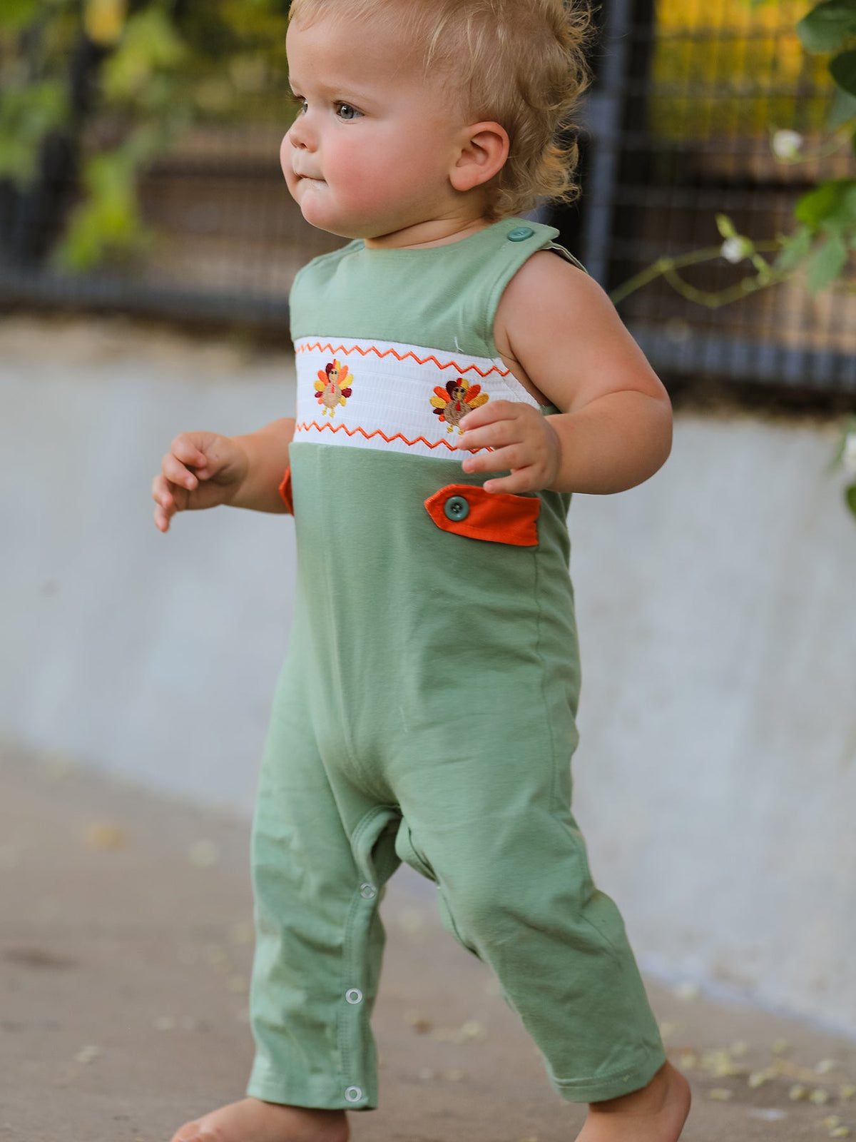 Rylee Faith Designs - Fall Thanksgiving Chicken Smock Embroidered Green Boys Romper - alternate view 3