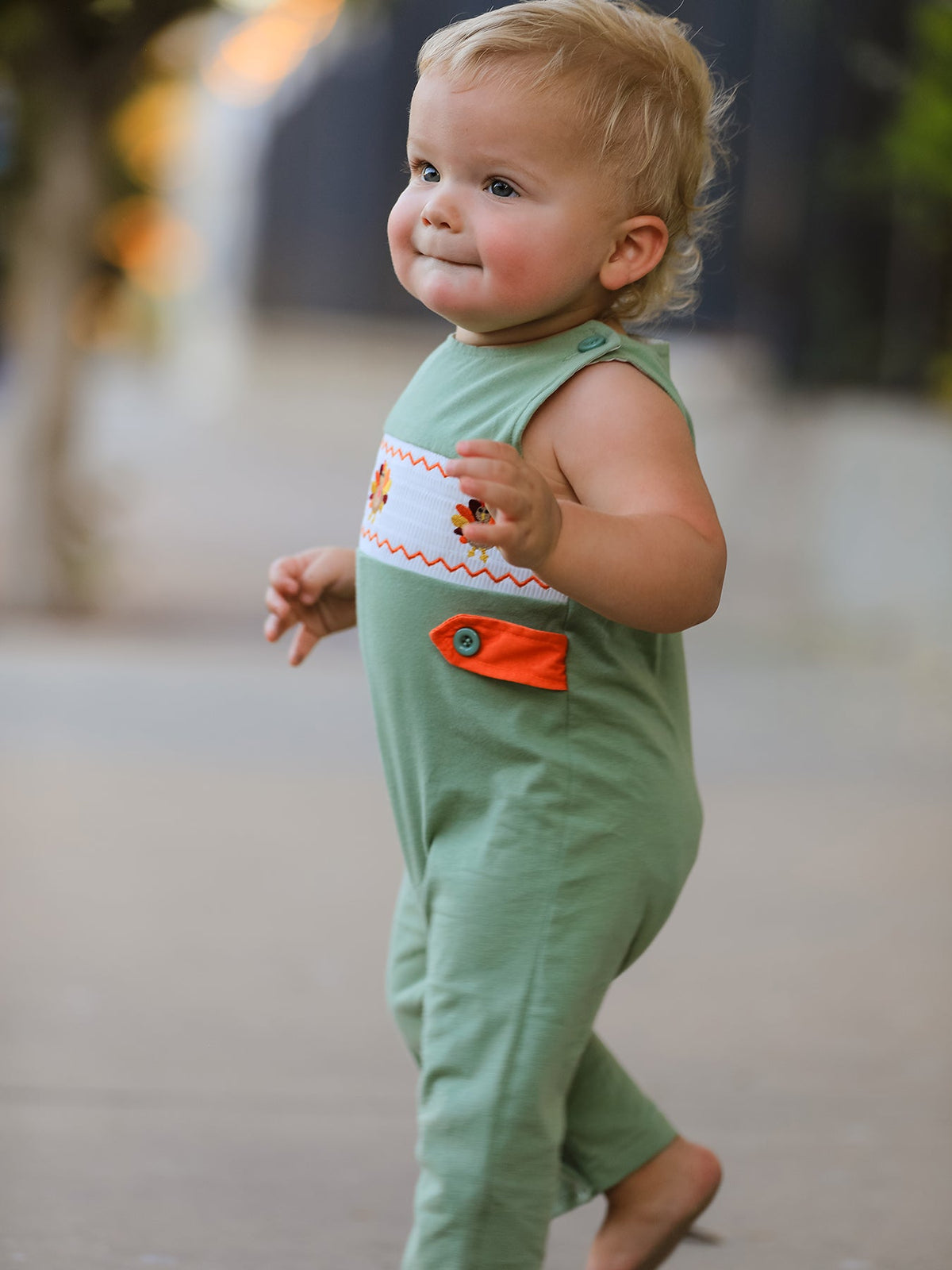 Rylee Faith Designs - Fall Thanksgiving Chicken Smock Embroidered Green Boys Romper - alternate view 4