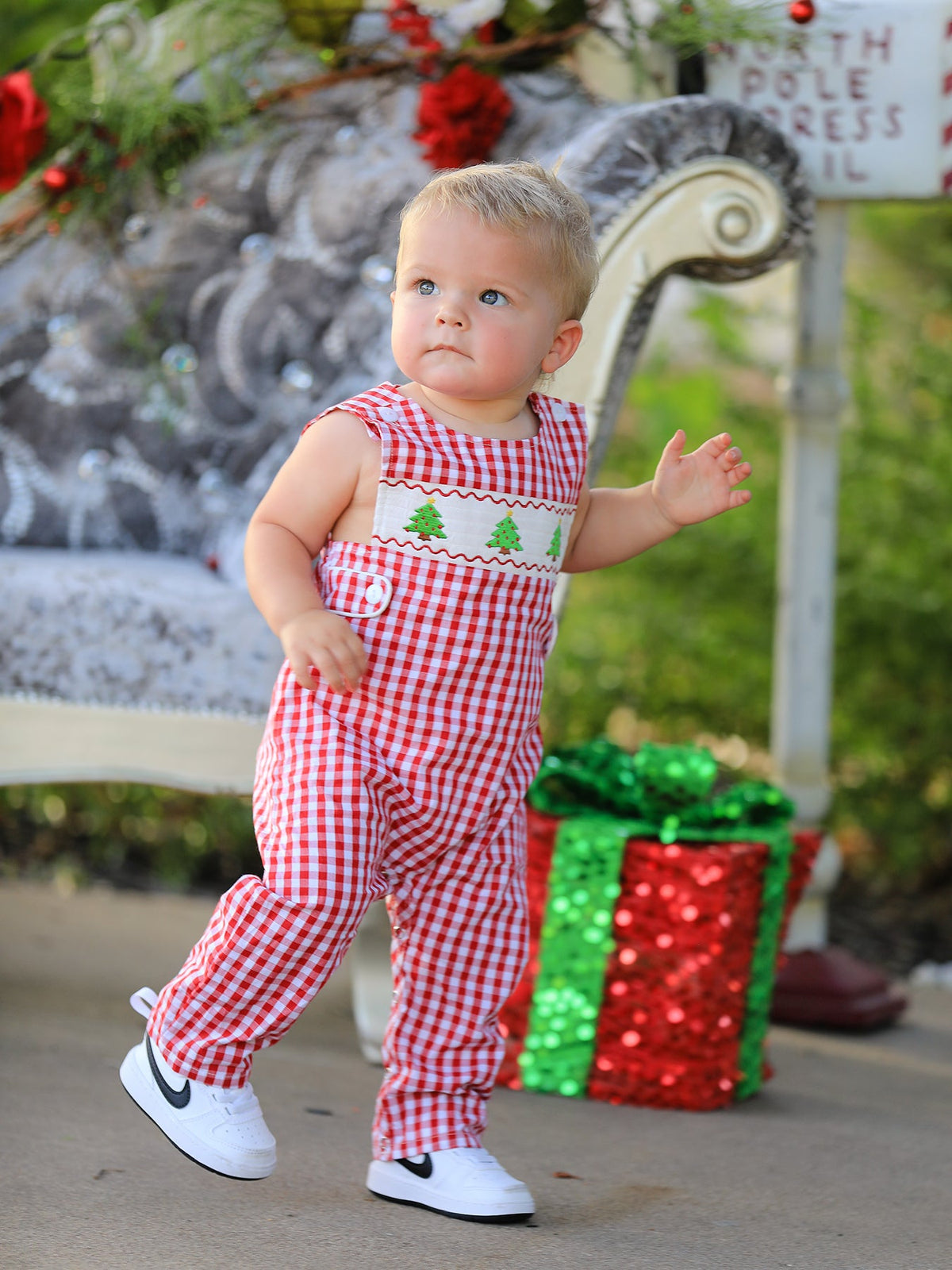 Rylee Faith Designs - Christmas Smocking Embroidered Christmas Tree Plaid Plaid Baby Boy Romper - alternate view 2