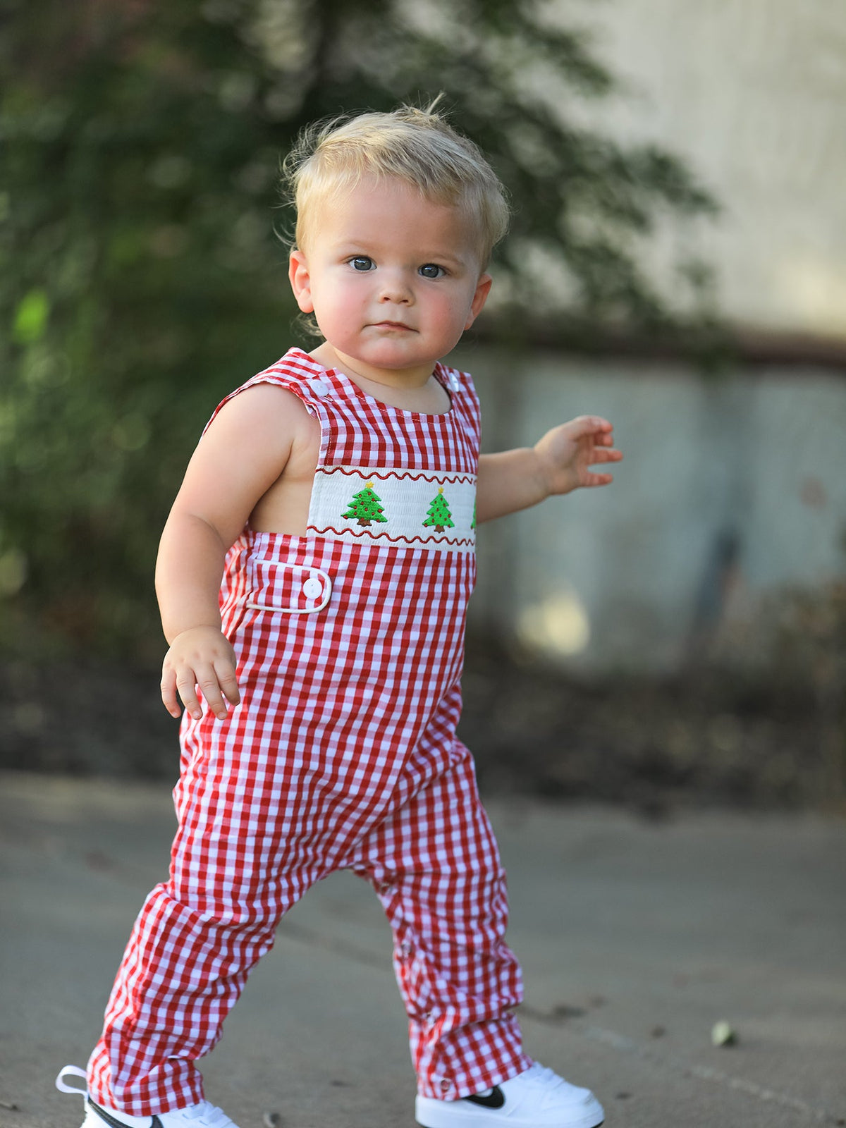 Rylee Faith Designs - Christmas Smocking Embroidered Christmas Tree Plaid Plaid Baby Boy Romper