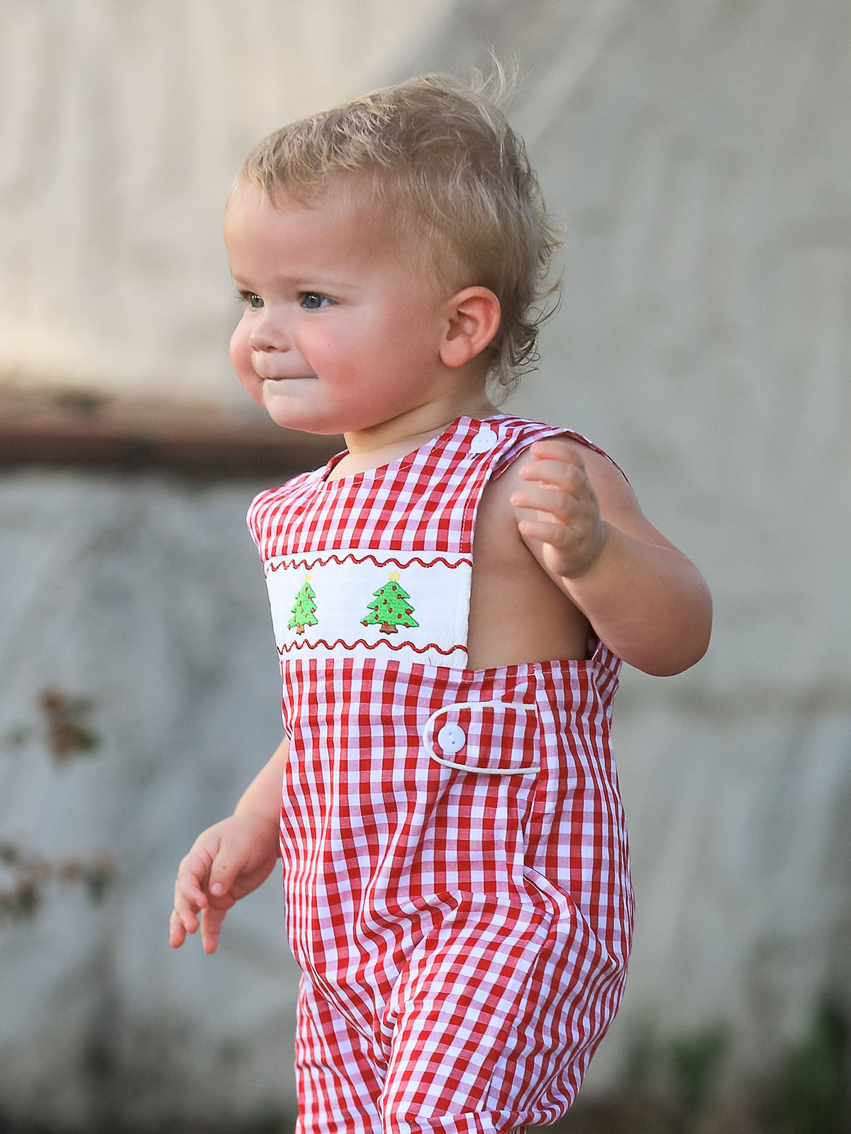 Rylee Faith Designs - Christmas Smocking Embroidered Christmas Tree Plaid Plaid Baby Boy Romper - alternate view 3