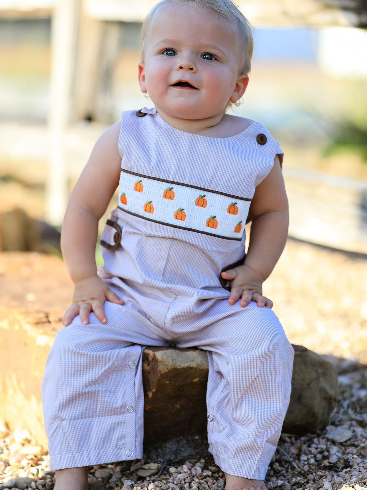 Rylee Faith Designs - Fall Halloween & Thanksgiving Pumpkin Smock Embroidered Boys Romper