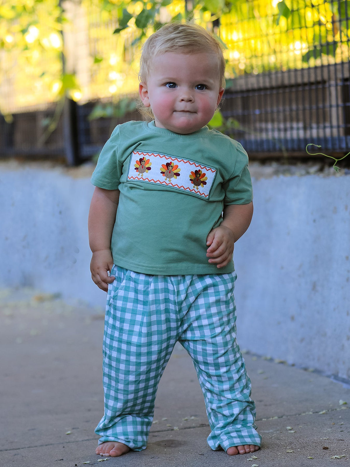 Rylee Faith Designs - Fall Thanksgiving Turkey Smock Embroidered Green Plaid Boys 'Set - alternate view 5
