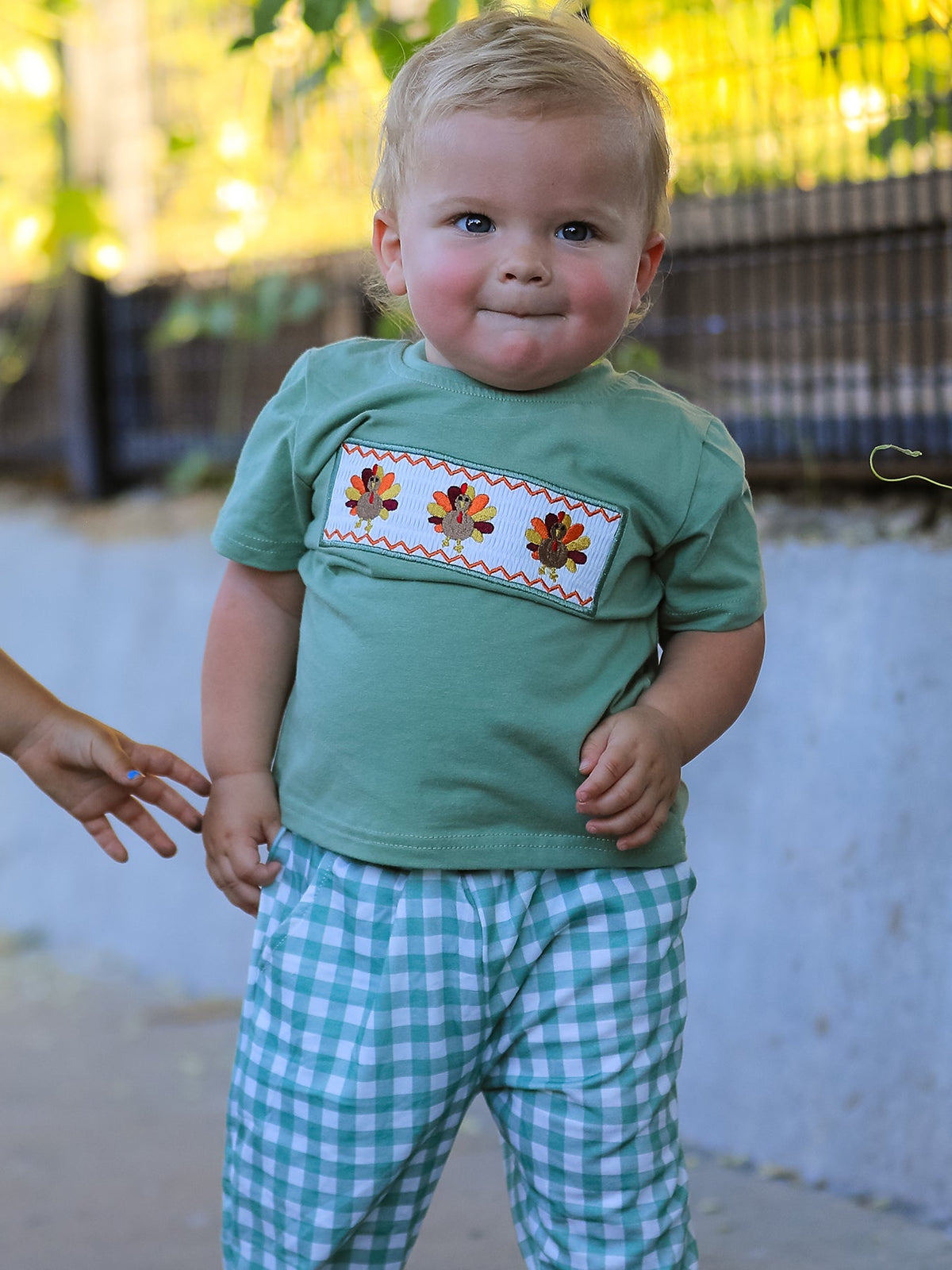 Rylee Faith Designs - Fall Thanksgiving Turkey Smock Embroidered Green Plaid Boys 'Set