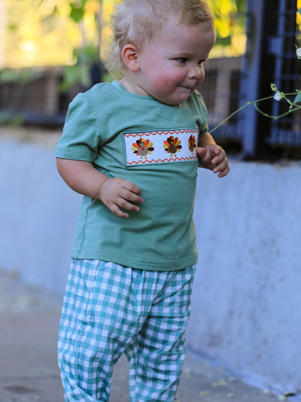 Rylee Faith Designs - Fall Thanksgiving Turkey Smock Embroidered Green Plaid Boys 'Set - alternate view 8