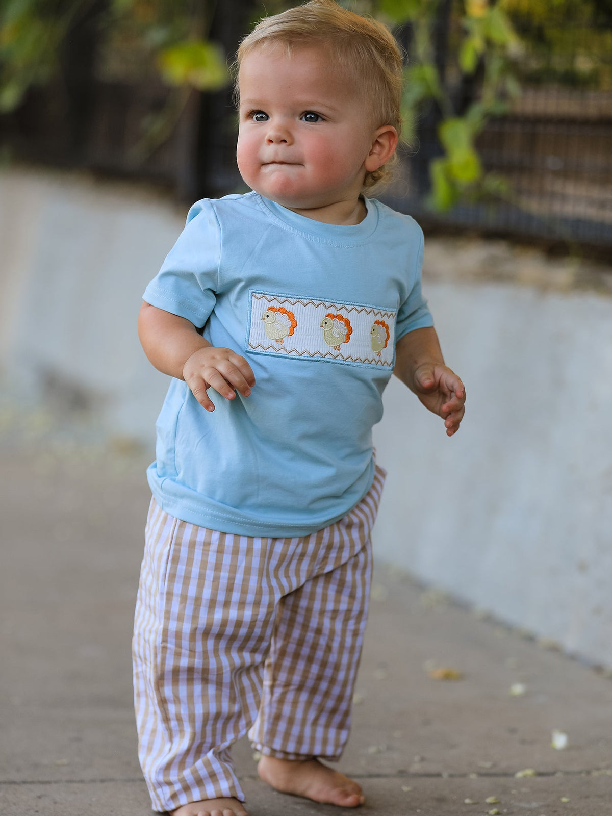 Rylee Faith Designs - Fall Thanksgiving Plaid Chick Embroidery Smocking Boys Set - alternate view 3
