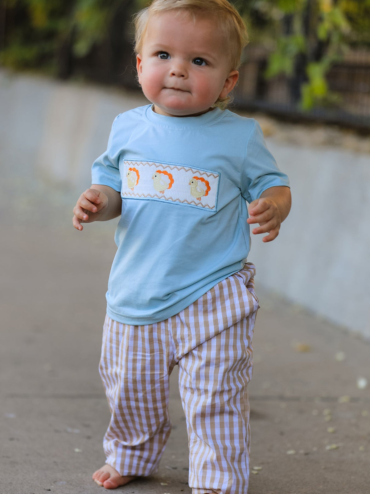 Rylee Faith Designs - Fall Thanksgiving Plaid Chick Embroidery Smocking Boys Set