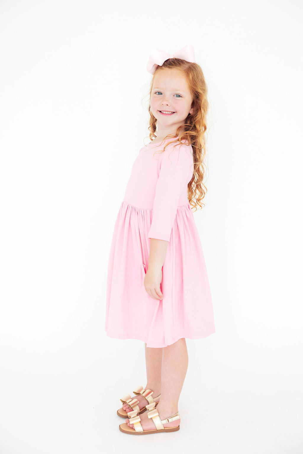 Bubblegum Pink 3/4 Sleeve Pocket Twirl Dress - Image 2