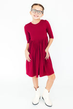 Burgundy 3/4 Sleeve Pocket Twirl Dress - Image 2