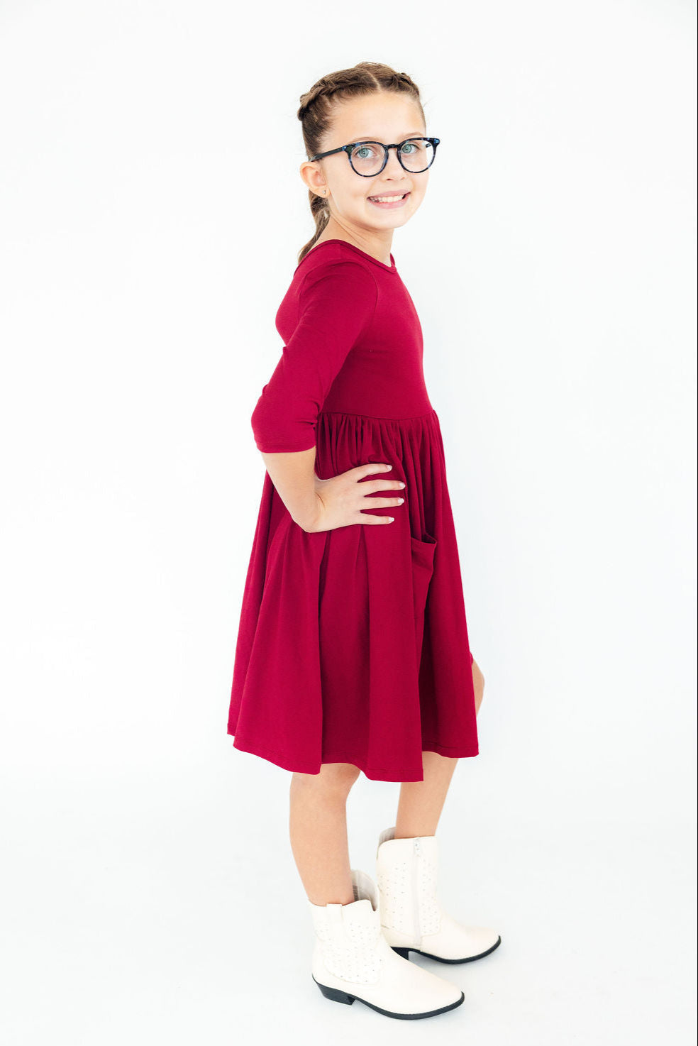 Burgundy 3/4 Sleeve Pocket Twirl Dress - Image 3